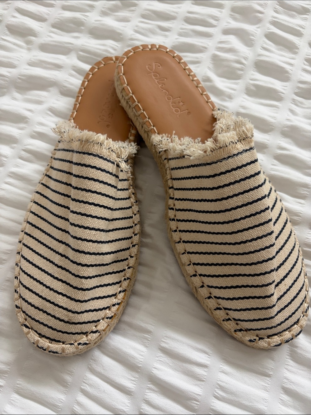 Splendid Cream Jaime Fringed Striped Canvas Espadrille Style Mules.  Cream/Navy.